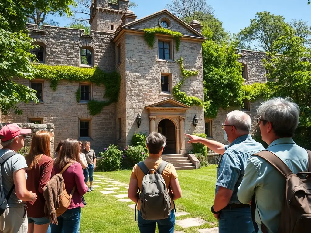 A scenic image of a guided tour group visiting a historical site related to Colette's life in the Corrèze region, with a knowledgeable guide pointing out key landmarks.