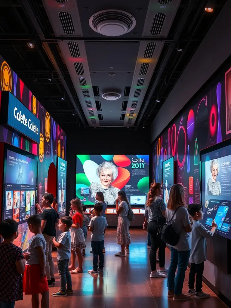 A photo showcasing an interactive exhibition about Colette's life and works, featuring multimedia displays and engaging activities for visitors. Children and adults are seen interacting with the exhibits.