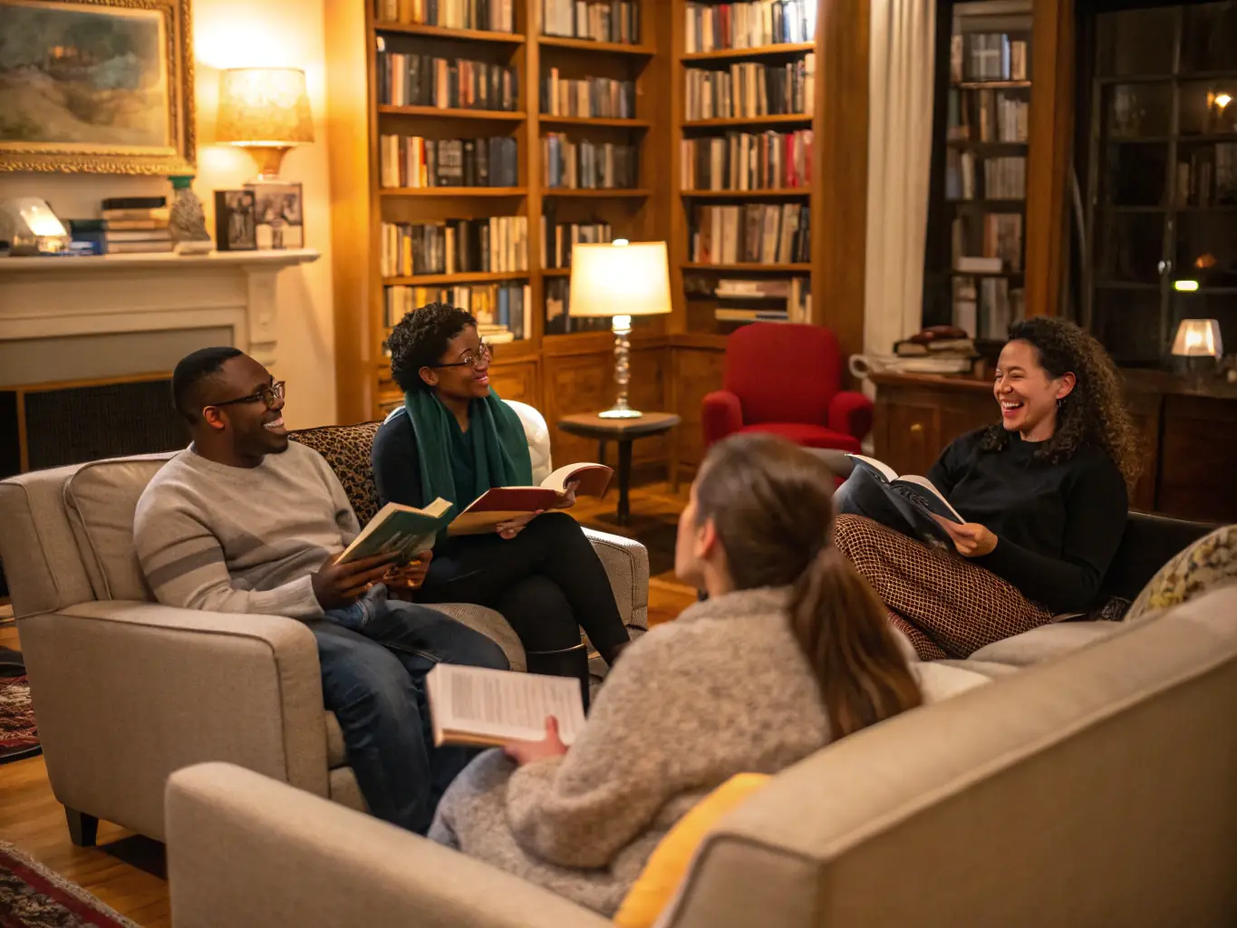 A vibrant image depicting participants engaged in a literary workshop, discussing Colette's works in a cozy setting, surrounded by books and historical artifacts.