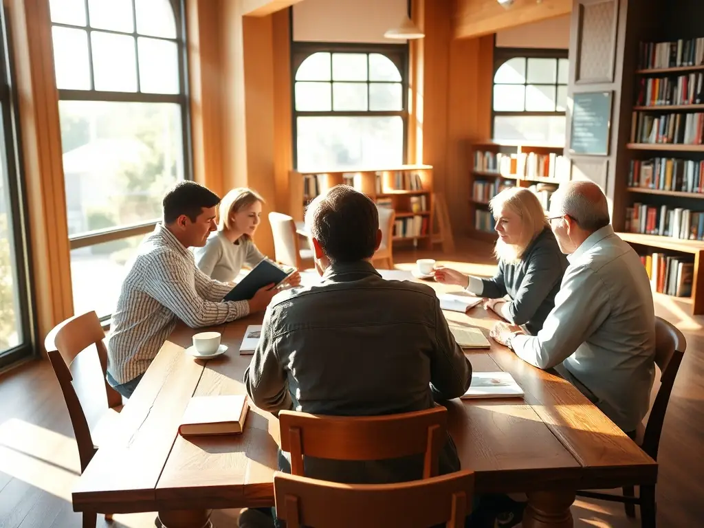 A vibrant photo of participants engaged in a literary workshop, discussing Colette's novels in a cozy setting with books and writing materials scattered around.