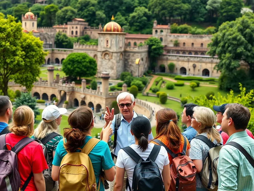 A photograph capturing a guided tour group visiting a historical site related to Colette in the Corrèze region, with a knowledgeable guide sharing insights.