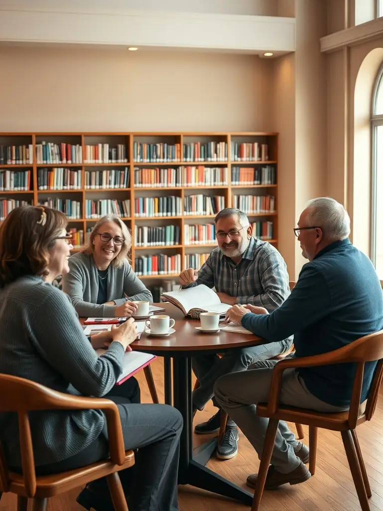 A photograph of a group of people participating in a Colette-themed literary workshop in a cozy, sunlit room in Varetz, France. The participants are engaged in a lively discussion, surrounded by books and writing materials.