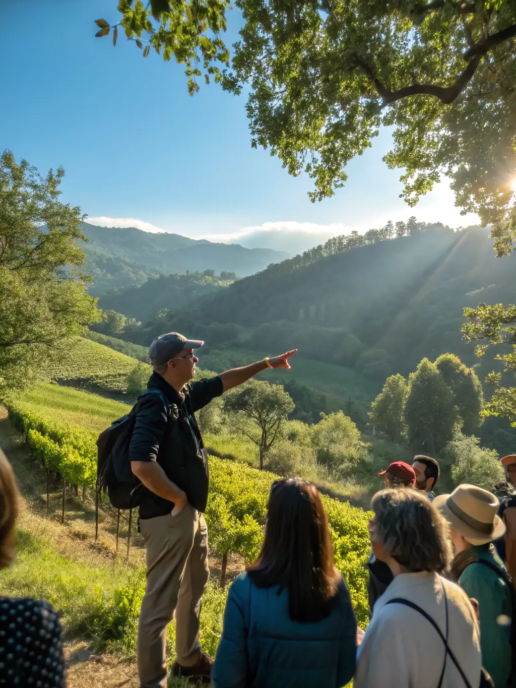 A vibrant image capturing a guided tour of significant Colette-related sites in the Corrèze region, led by a knowledgeable guide. The tour group is seen exploring historical landmarks and scenic landscapes.